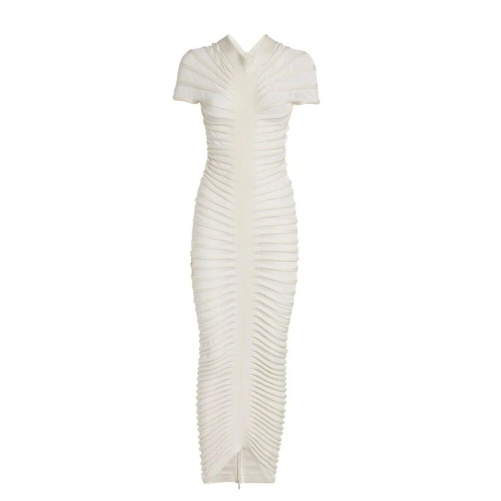 White Stretch Knit Bodycon Maxi Dress High Neck Women's